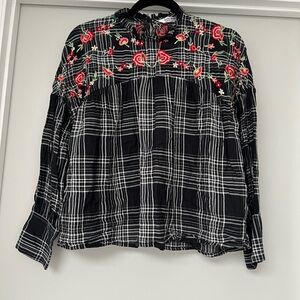 Zara Black and White Plaid Blouse with Floral Embroidery